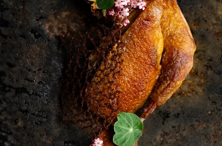 Crispy whole roasted squab plated on dark stone, adorned with delicate pink blossoms and green nasturtium leaves at Nightbird.