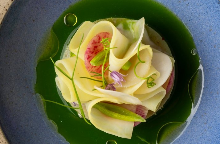 Delicately shaved pale vegetables layered with radish slices and purple blossoms in vibrant green herb sauce at Jacaranda.