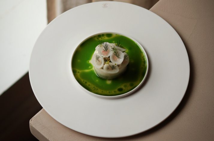 Artful celeriac and radish dish served in a bright herb oil pool at Restaurant STEEF.