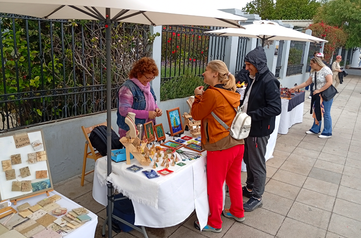 Local artisan market in Valparaíso featuring handcrafted artworks and souvenirs displayed at outdoor stalls.