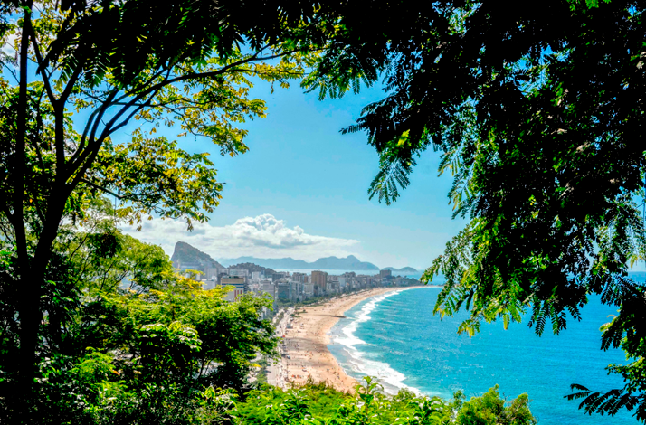 Panoramic view of Rio de Janeiro's coastline, framed by lush tropical trees, with a sandy beach, turquoise ocean, and city skyline stretching along the shore
