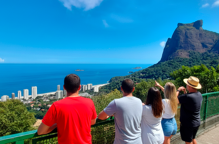 Group of visitors enjoying a viewpoint above Rio de Janeiro, with the ocean, coastal buildings, and a dramatic mountain peak in the background.