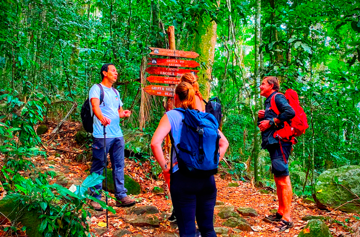 Participants gather on a rainforest trail as a local guide provides directions beside a wooden signpost surrounded by dense Atlantic Forest vegetation.