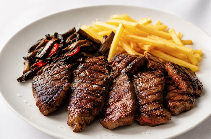 Sliced grilled steak served with golden french fries and sauteed mixed vegetables on a white plate at Casa Barqueiro.