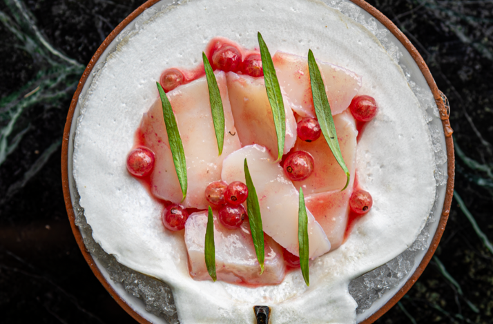 Bar St-Denis crudo of thinly sliced white fish on dry ice, garnished with red currants and tarragon leaves.