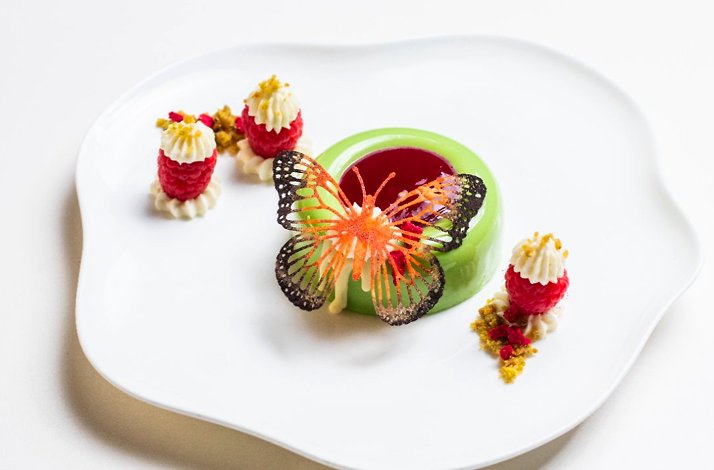 Glossy green dessert with a butterfly garnish and raspberry dollops at Le Jardinier Houston.