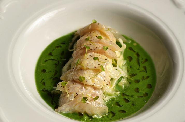 Fish served with green sauce on a white plate.