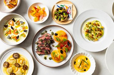 An array of fine dining dishes featuring colorful salads, soups, carpaccio, seared steak with tomatoes, and ravioli.